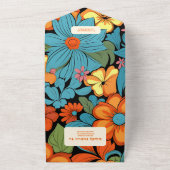 Boho Seventies Retro Bloemenbruiloft All In One Uitnodiging (Buitenkant)