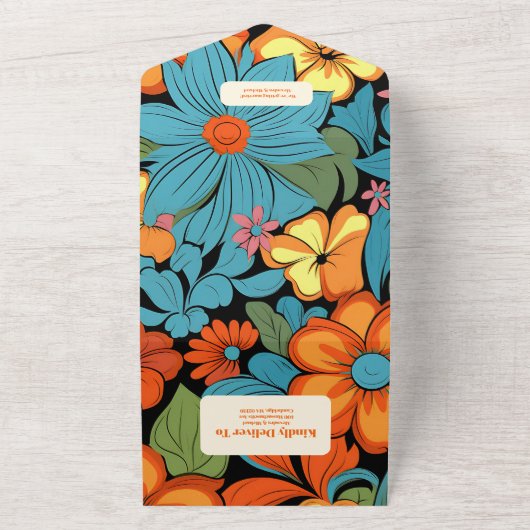 Boho Seventies Retro Bloemenbruiloft All In One Uitnodiging (Buitenkant)