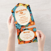 Boho Seventies Retro Bloemenbruiloft All In One Uitnodiging (Afscheurbaar)