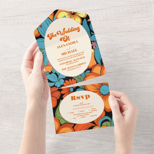 Boho Seventies Retro Bloemenbruiloft All In One Uitnodiging (Afscheurbaar)