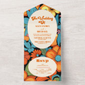 Boho Seventies Retro Bloemenbruiloft All In One Uitnodiging (Binnen)
