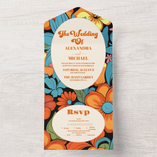 Boho Seventies Retro Bloemenbruiloft All In One Uitnodiging (Binnen)