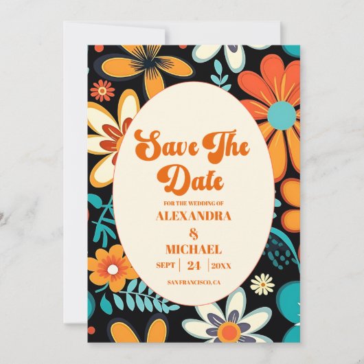 Boho Seventies Retro Bloemenbruiloft Save The Date (Voorkant)