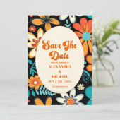 Boho Seventies Retro Bloemenbruiloft Save The Date (Staand voorkant)