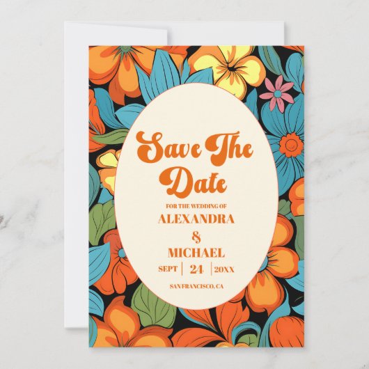 Boho Seventies Retro Bloemenbruiloft Save The Date (Voorkant)