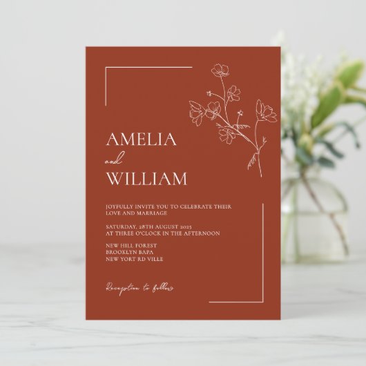 Boho Sienna Terracotta Bloemen Huwelijksuitnodigin Kaart (Staand voorkant)