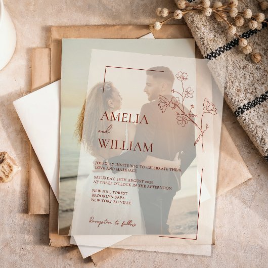 Boho Sienna Terracotta Floral Wedding Vellum Uitnodigingen