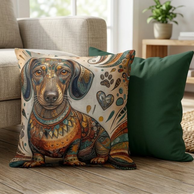 Boho Sierlijke Mozaïek Dachshund Keeshond Kussen (An ornate mosaic dachshund pillow for a doxie mom's vibrant housewarming living room decor.)