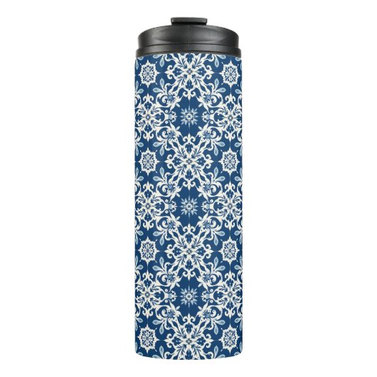 Boho Siermotief in Wit-Blauw Vintage Thermosbeker (Voorkant)