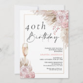 Boho Silk Rozen Pampas Grass Verjaardagsuitnodigin Kaart (Voorkant)