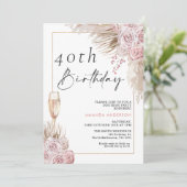 Boho Silk Rozen Pampas Grass Verjaardagsuitnodigin Kaart (Staand voorkant)