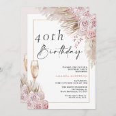 Boho Silk Rozen Pampas Grass Verjaardagsuitnodigin Kaart (Voorkant / Achterkant)