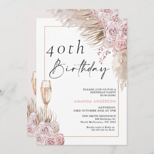 Boho Silk Rozen Pampas Grass Verjaardagsuitnodigin Kaart (Voorkant / Achterkant)