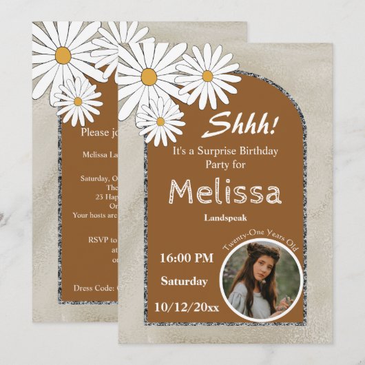 Boho & Silver Arche & White Daisy Birthday Party Kaart (Voorkant / Achterkant)