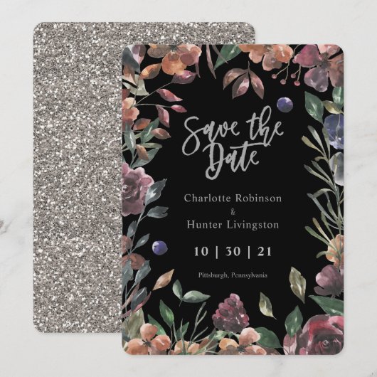 Boho Silver en Waterverf Floral Save the Date (Voorkant / Achterkant)