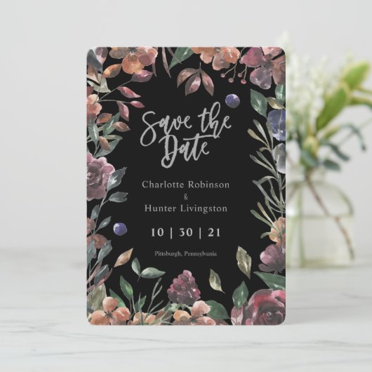Boho Silver en Waterverf Floral Save the Date (Staand voorkant)