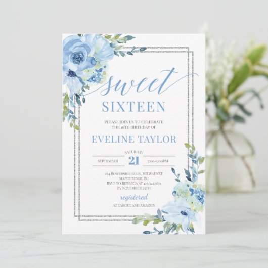 Boho Silver geometrisch Blauw bloemetjes zestien Kaart (Staand voorkant)