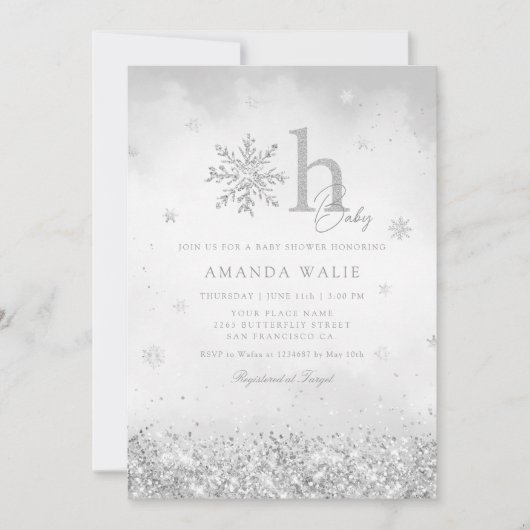 Boho Silver Glitter Snowflake Winter Baby shower Kaart (Voorkant)