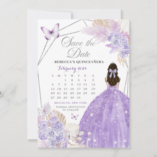 Boho Silver Lila 15 Años Sla de datum kalender op Kaart (Voorkant)