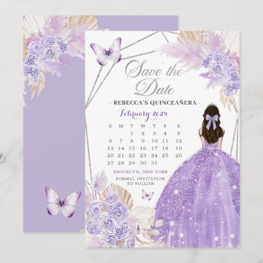 Boho Silver Lila 15 Años Sla de datum kalender op Kaart (Voorkant / Achterkant)
