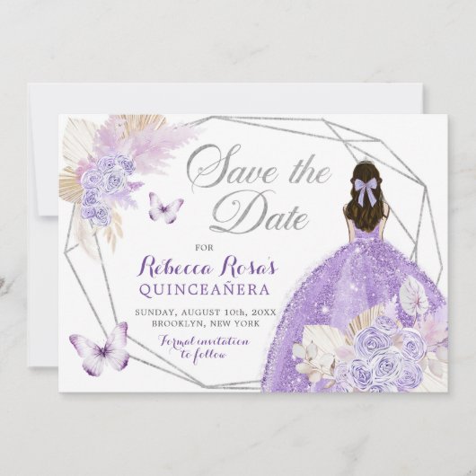 Boho Silver Lila Bloemen Quinceañera Save The Date Kaart (Voorkant)