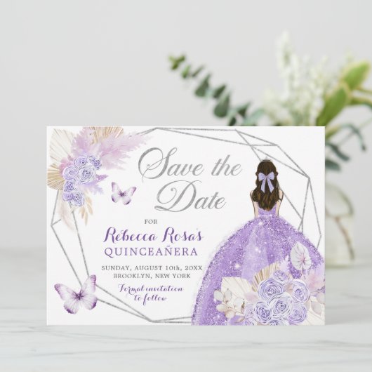 Boho Silver Lila Bloemen Quinceañera Save The Date Kaart (Staand voorkant)