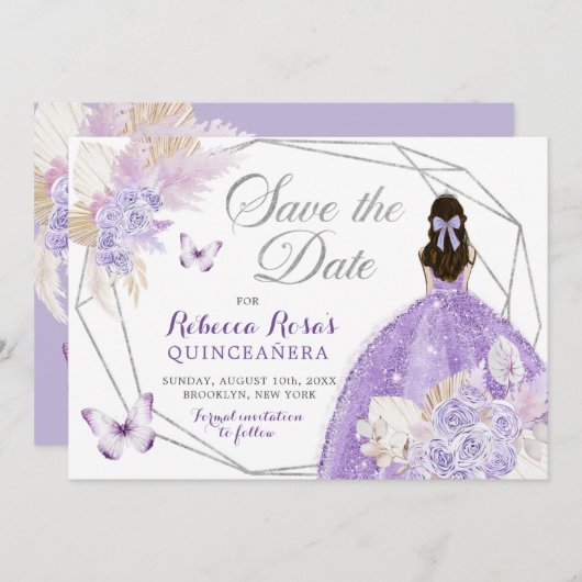 Boho Silver Lila Bloemen Quinceañera Save The Date Kaart (Voorkant / Achterkant)