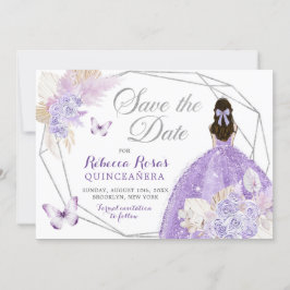 Boho Silver Lila Bloemen Quinceañera Save The Date Kaart