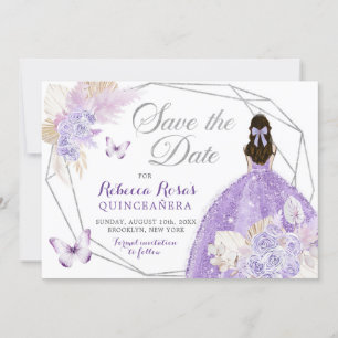 Boho Silver Lila Bloemen Quinceañera Save The Date Kaart