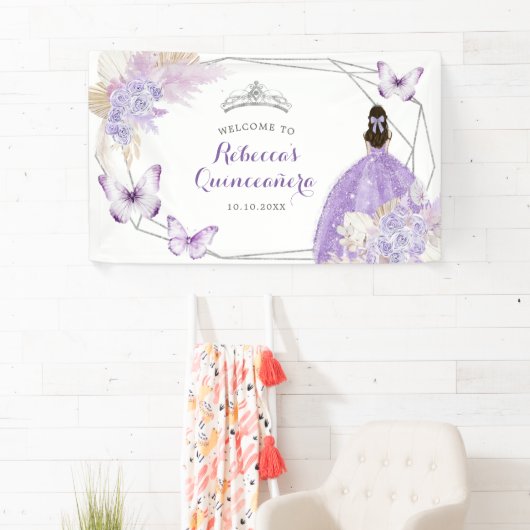 Boho Silver Lila geometrisch quinceañera groot Spandoek (Insitu)
