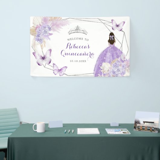 Boho Silver Lila geometrisch quinceañera groot Spandoek (Beurs)