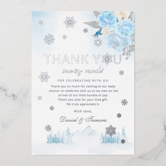 Boho Silver Snowflake Winter Baby shower Dank u Folie Uitnodiging (Voorkant)