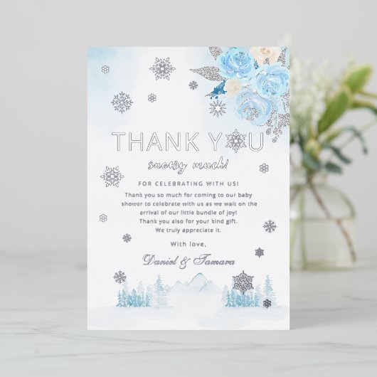 Boho Silver Snowflake Winter Baby shower Dank u Folie Uitnodiging (Staand Voorkant)