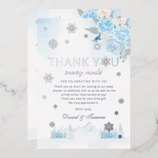 Boho Silver Snowflake Winter Baby shower Dank u Folie Uitnodiging (Voorkant / Achterkant)