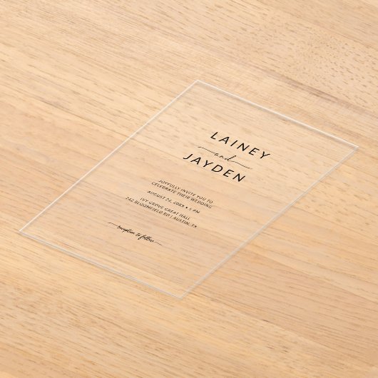 Boho Simple Elegant Script Huwelijk Clear Acryl Uitnodigingen (Laagn)