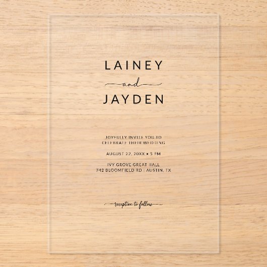 Boho Simple Elegant Script Huwelijk Clear Acryl Uitnodigingen (Voorkant)