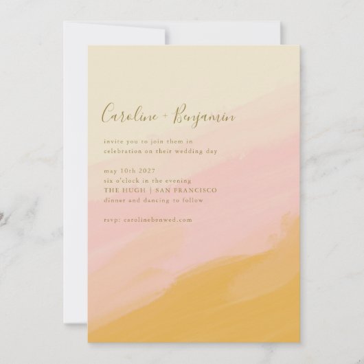 Boho Simple Waterverf Pink Yellow Script Weddensch Kaart (Voorkant)