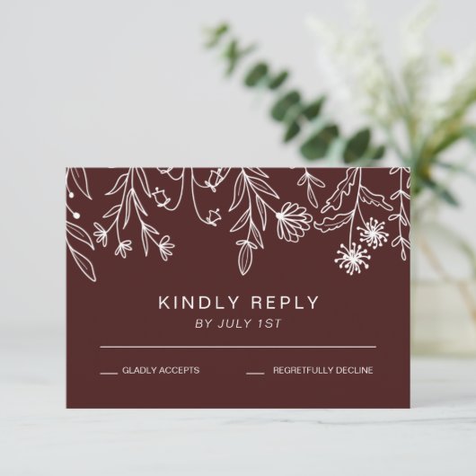 Boho Simple Wildflower bordeaux bruiloft RSVP Kaar (Staand voorkant)