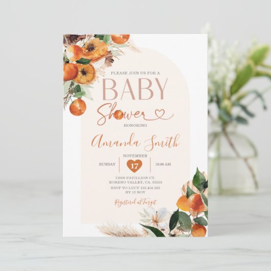Boho Sinaasappel Baby shower Zomer Tropische Bloem Kaart (Staand voorkant)