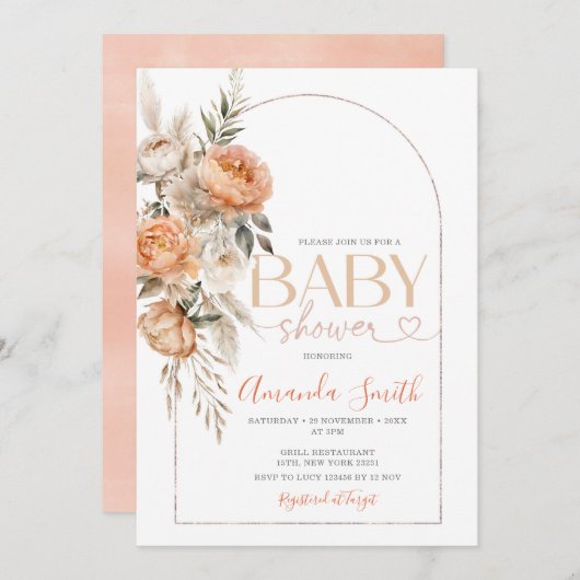 Boho Sinaasappel Bloemen Meisje Baby shower Pampas Kaart (Voorkant / Achterkant)