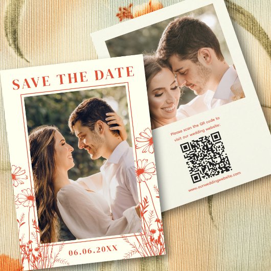 Boho Sinaasappel Bloemenlijn Art 2 Foto QR-code Save The Date