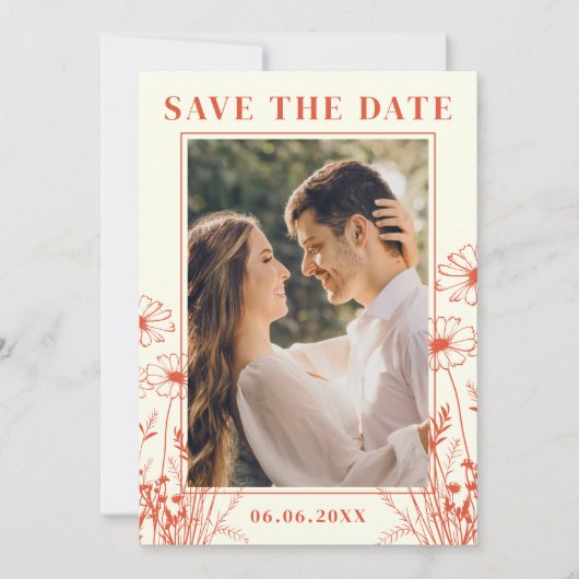 Boho Sinaasappel Bloemenlijn Art 2 Foto QR-code Save The Date (Voorkant)