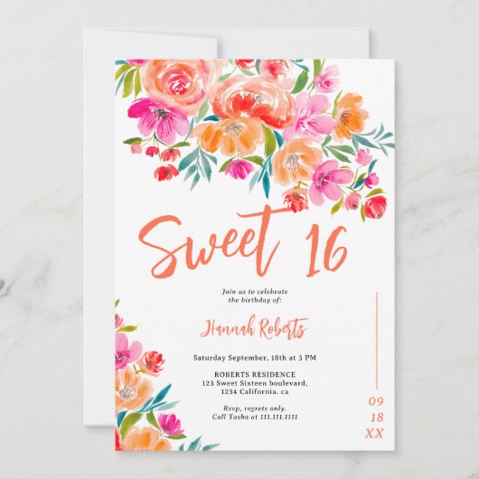 Boho sinaasappel bloemenzoet 16 jarig kaart (Voorkant)