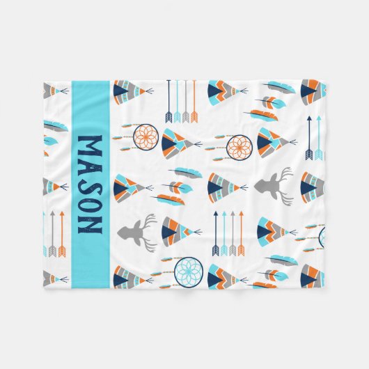 Boho sinaasappel en blauw zuidwesten fleece deken (Voorkant (Horizontaal))