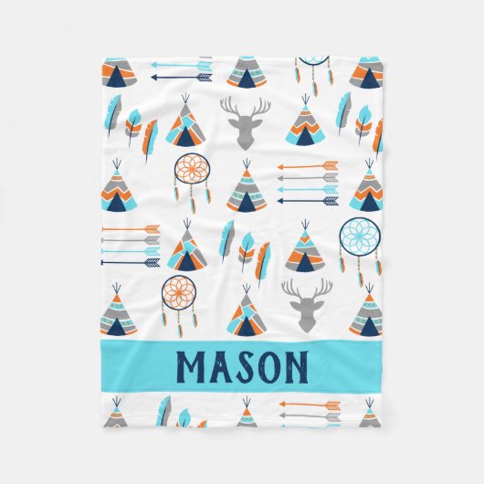 Boho sinaasappel en blauw zuidwesten fleece deken (Voorkant)