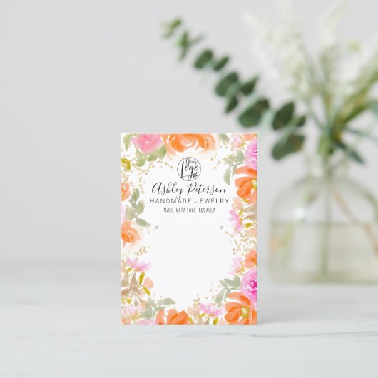 Boho sinaasappel gouden chique bloemensieraden log visitekaartje (Staand voorkant)