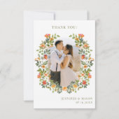 Boho sinaasappel groene bloemenkrans Bruiloft Foto Bedankkaart (Voorkant)