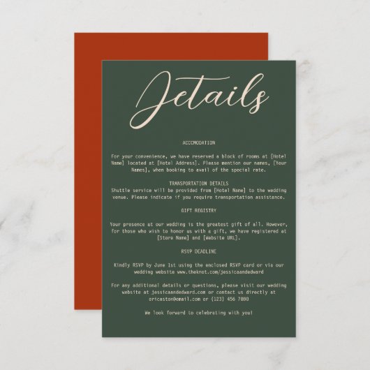 Boho Sinaasappel Groene Bruiloft Details QR Code E Informatiekaartje (Voorkant / Achterkant)