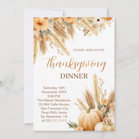 Boho Sinaasappel Pompoen Thanksgiving Diner Kaart (Voorkant)