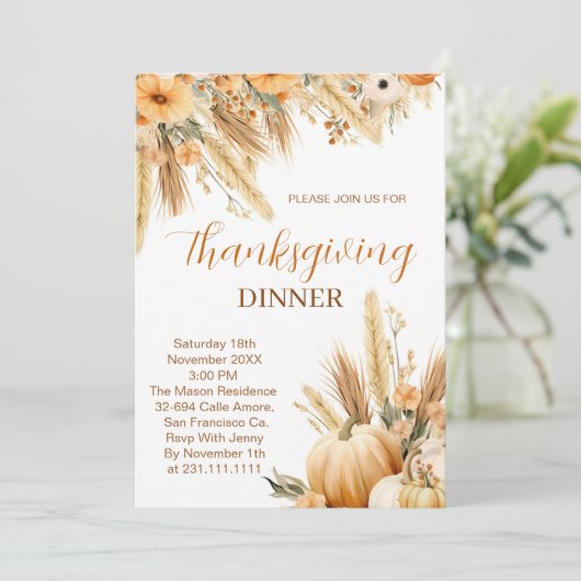 Boho Sinaasappel Pompoen Thanksgiving Diner Kaart (Staand voorkant)